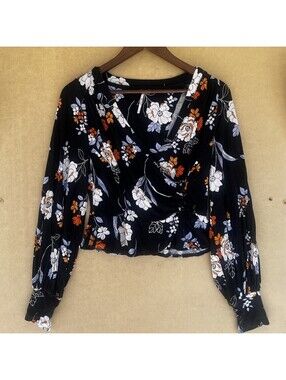 Free People Boho Floral Wrap Blouse Small S Black Orange Peplum Long Sleeve
